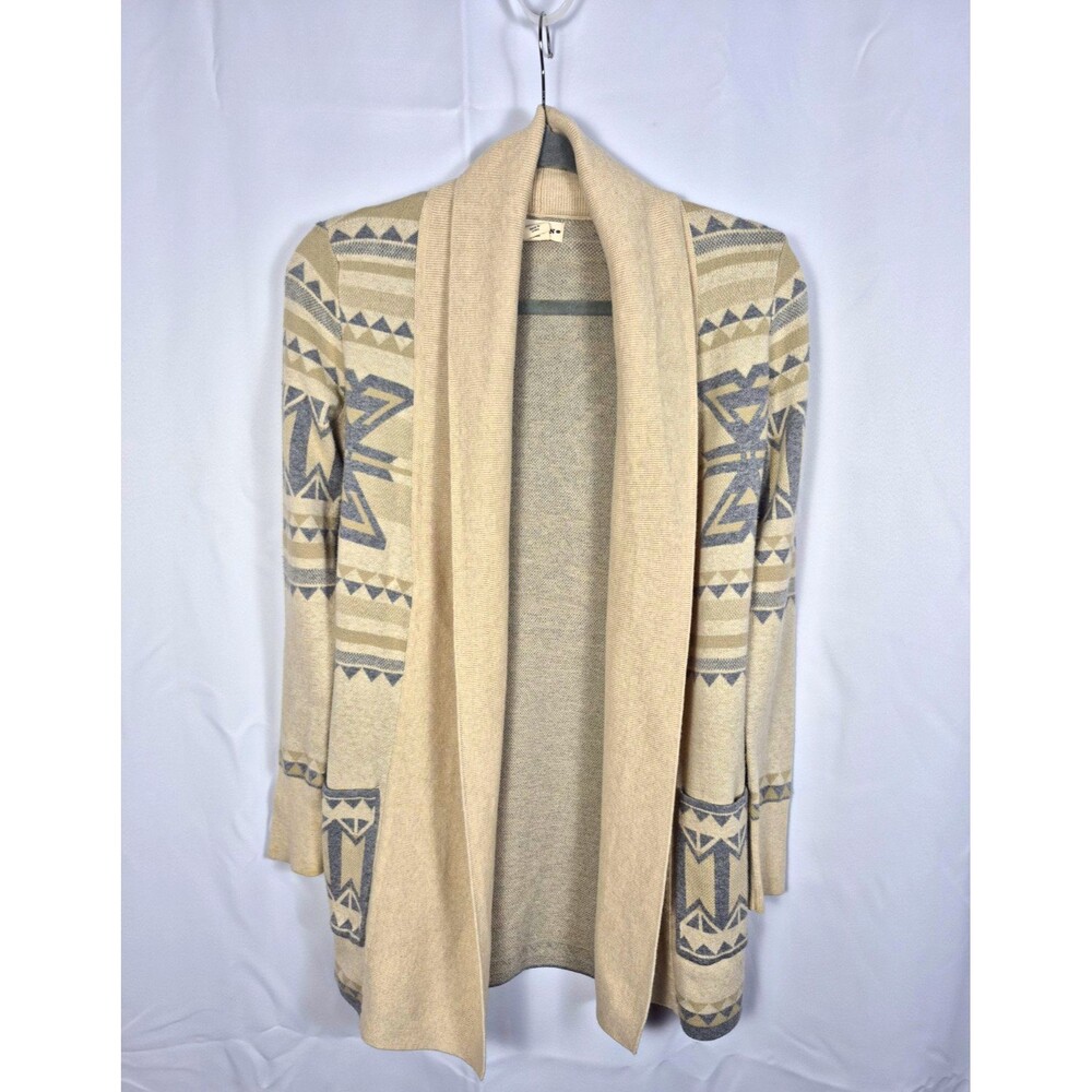 Womens XS Beige Gray 100% Cotton Southwestern Open Front Shawl Collar Cardigan